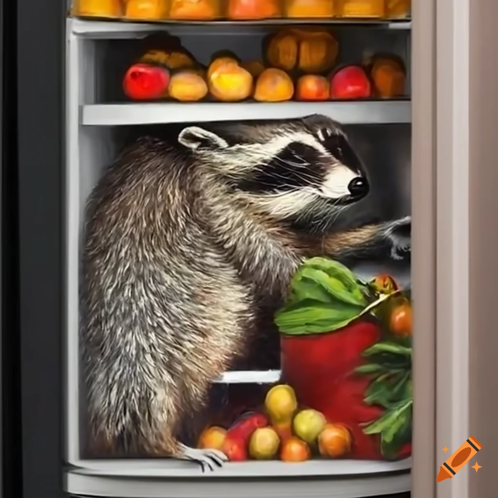 Curious raccoon reaching for fruits in an open fridge
