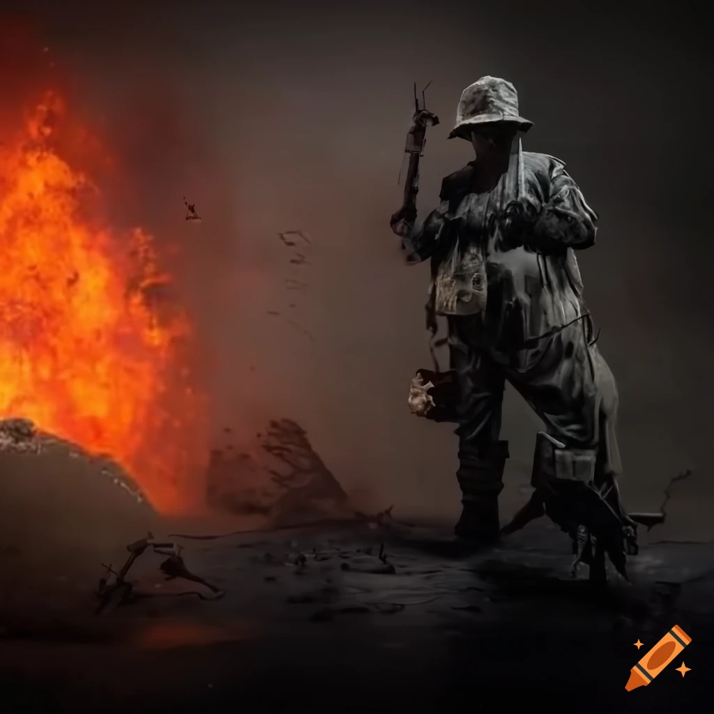 One soldier standing in dark abandoned warzone with colorful smokey volcanoes