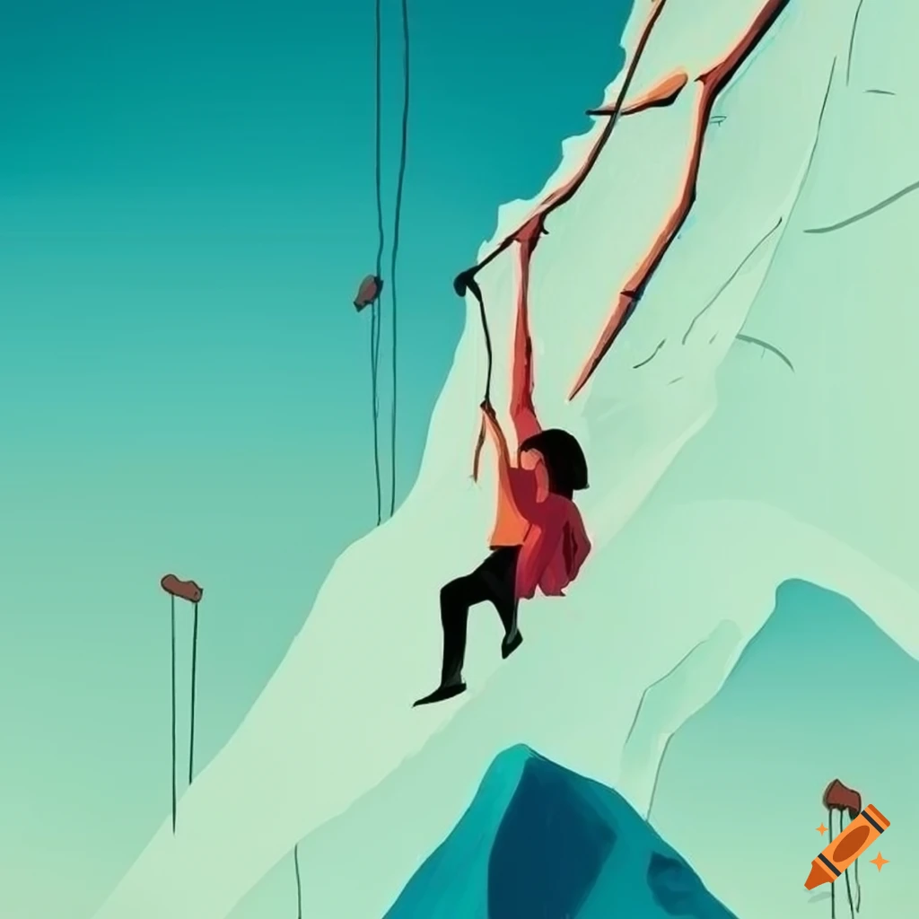 Illustration of people climbing an abstract mountain by Sjoerd van Leeuwen