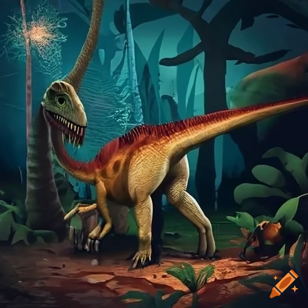 Jungle dinosaur scene at night on Craiyon