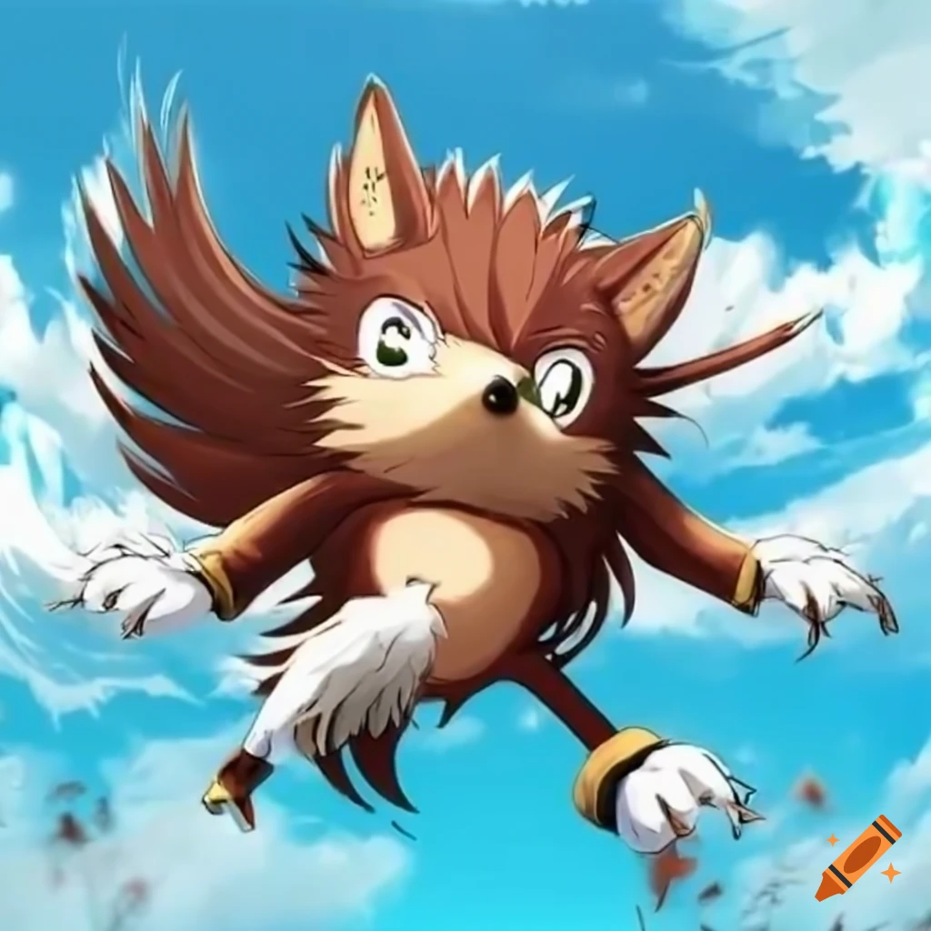 Anime-style hedgehog flying like an eagle hunting a mouse