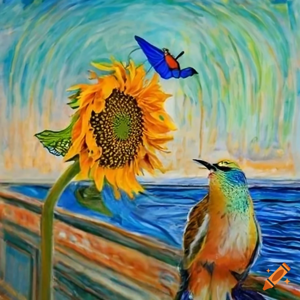 Colorful birds, sunflower, and butterfly by the seaside inspired by Edward Munch