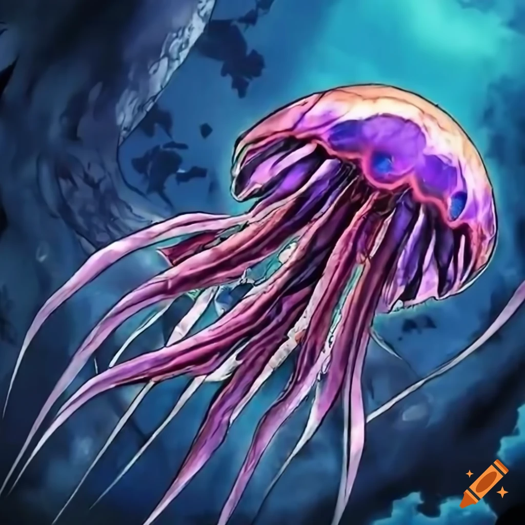 Scary jellyfish fish in yugioh card style, highly detailed on Craiyon