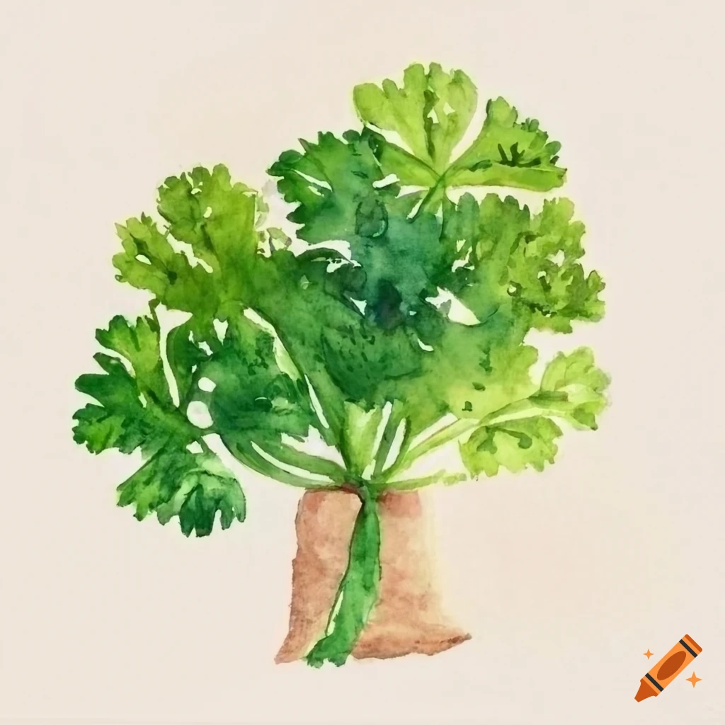 Watercolor painting of parsley bunch tied with twine on white background