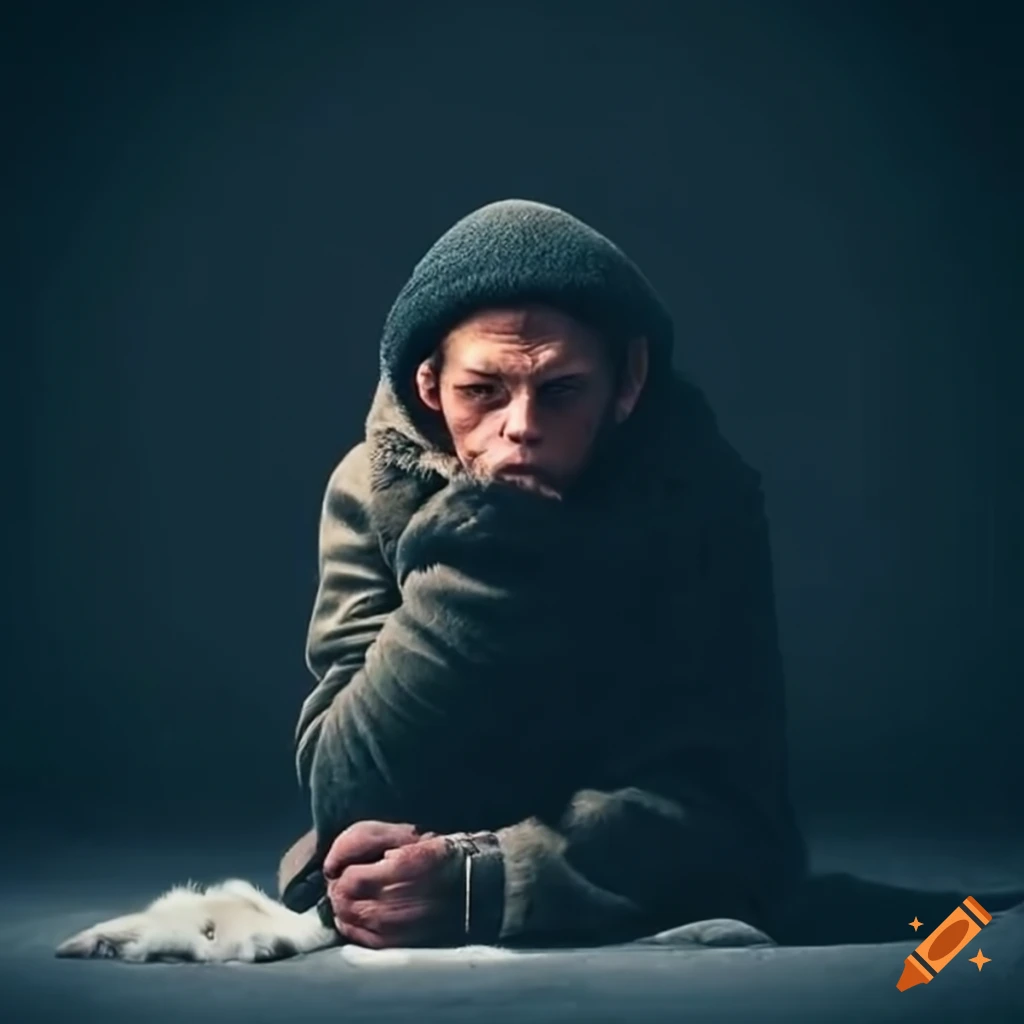 Homeless man with his dog in cold weather