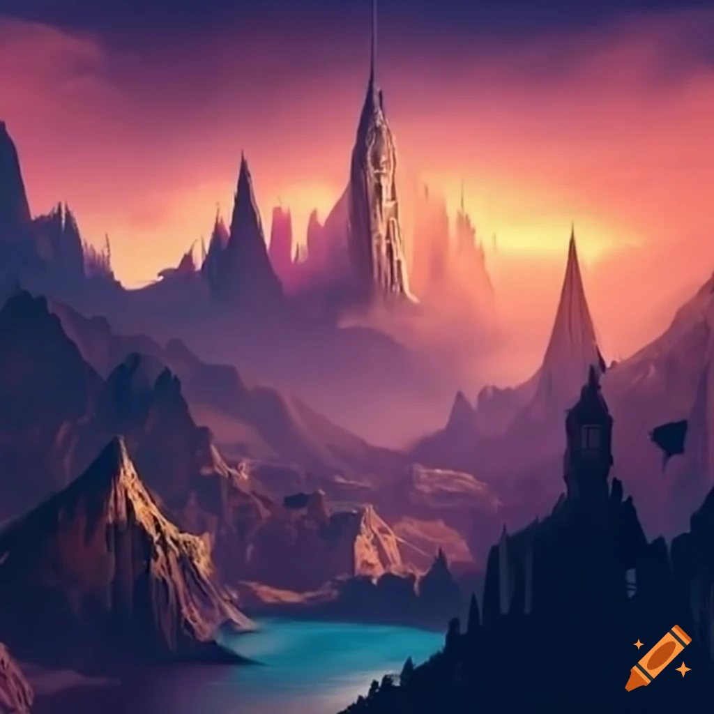 City in mountains under a dramatic sky in a fantasy world on craiyon