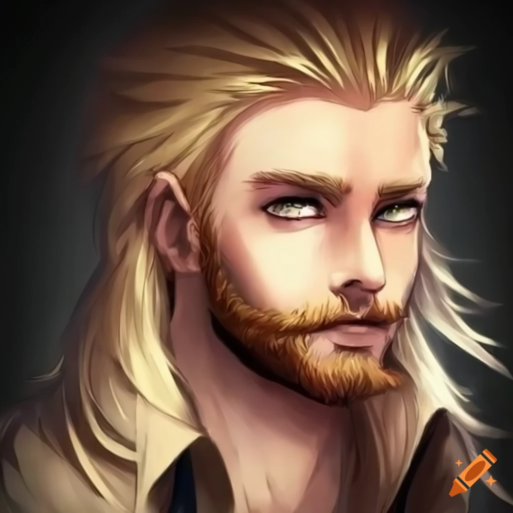 Anime man with long blond hair, brown eyes, and a beard