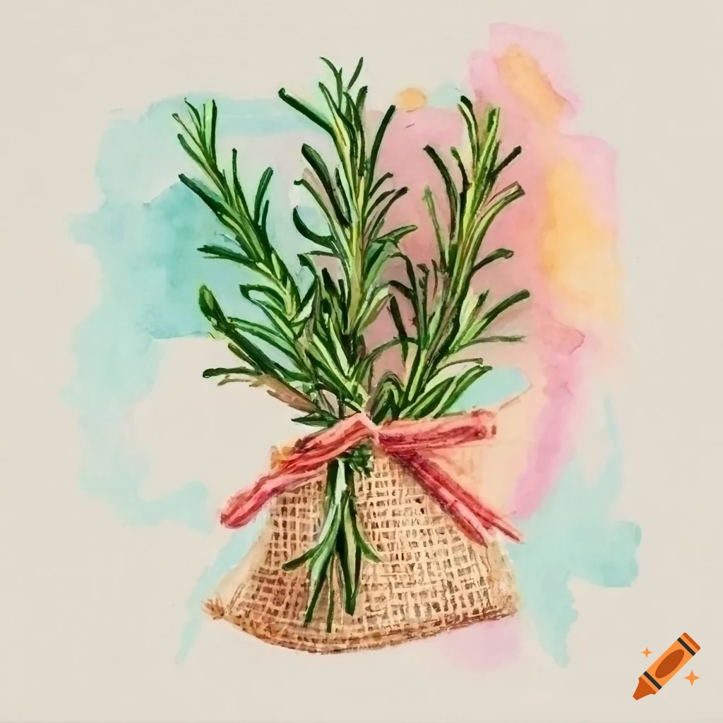 Rosemary bunch tied with twine on white background in watercolor