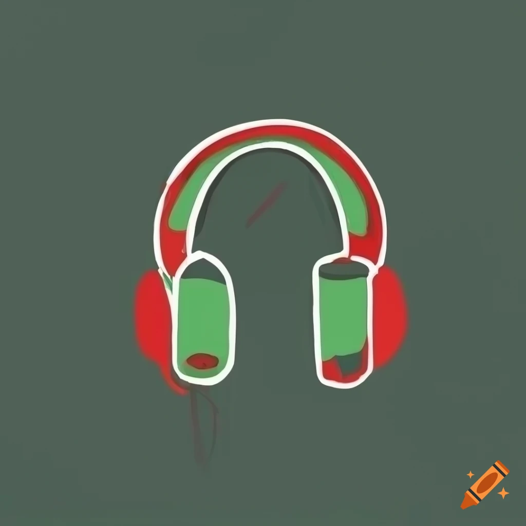 Minimalist geometric line drawing of a high-tech headset in red and green colors