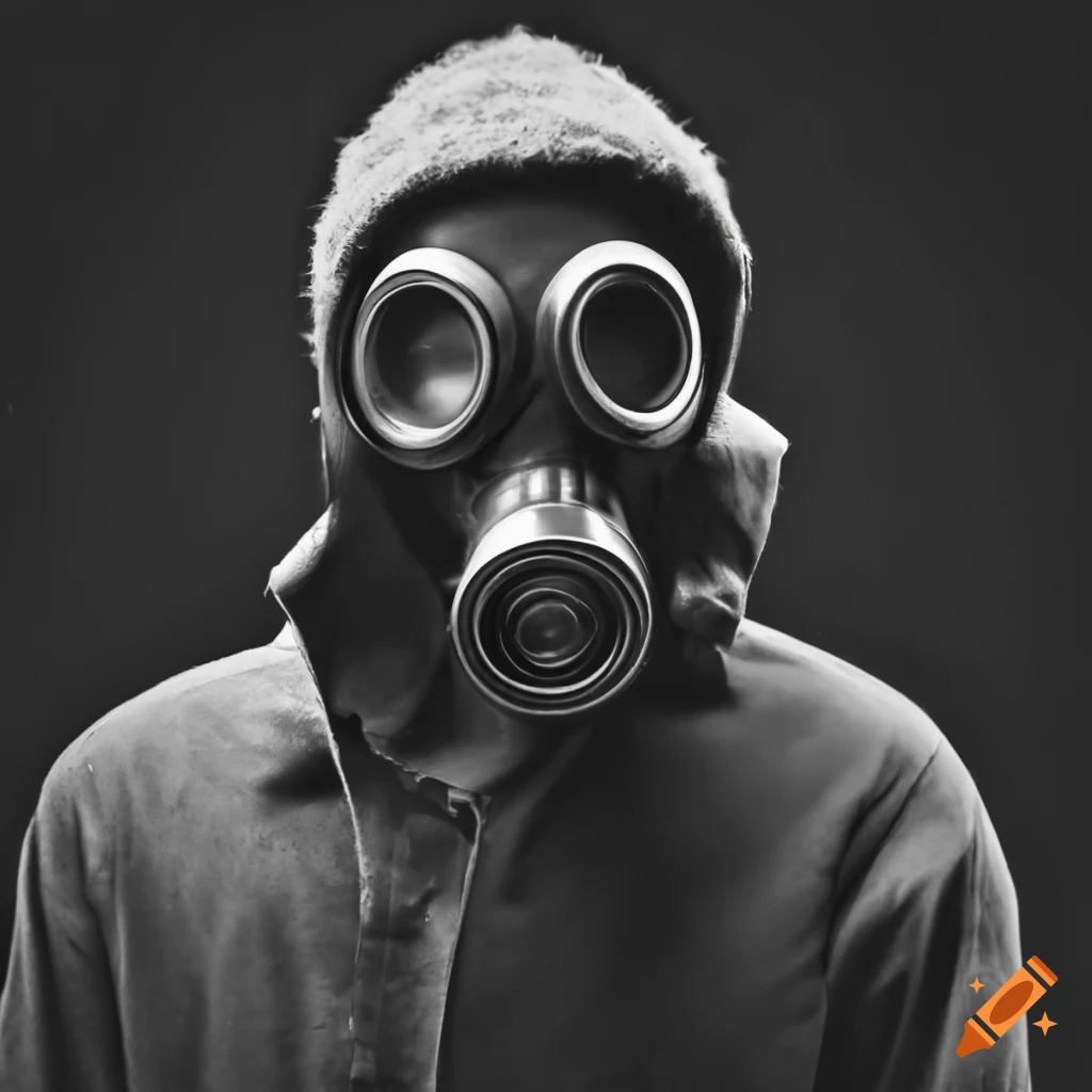 Man wearing gas mask in black and white photo on Craiyon