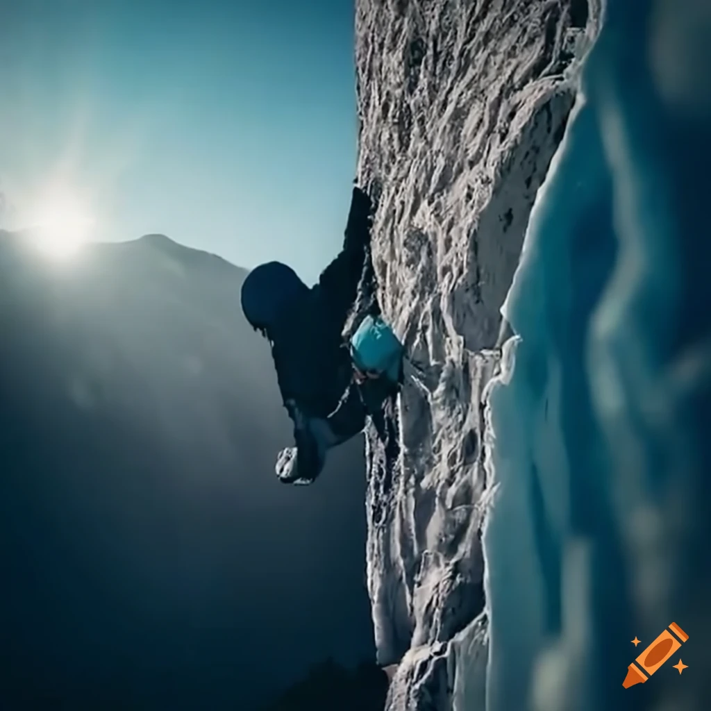 Mountaineer climbing steep rock wall on a tall mountain in warm clothes with ice pick
