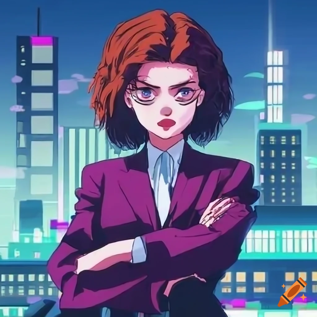 Women in suits in 90s anime with city background