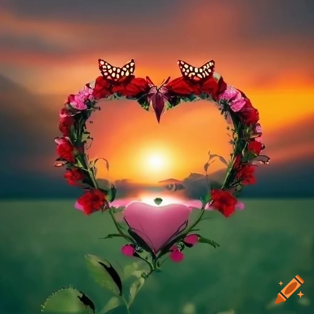 Romantic heart with rose and butterflies in sunset on Craiyon