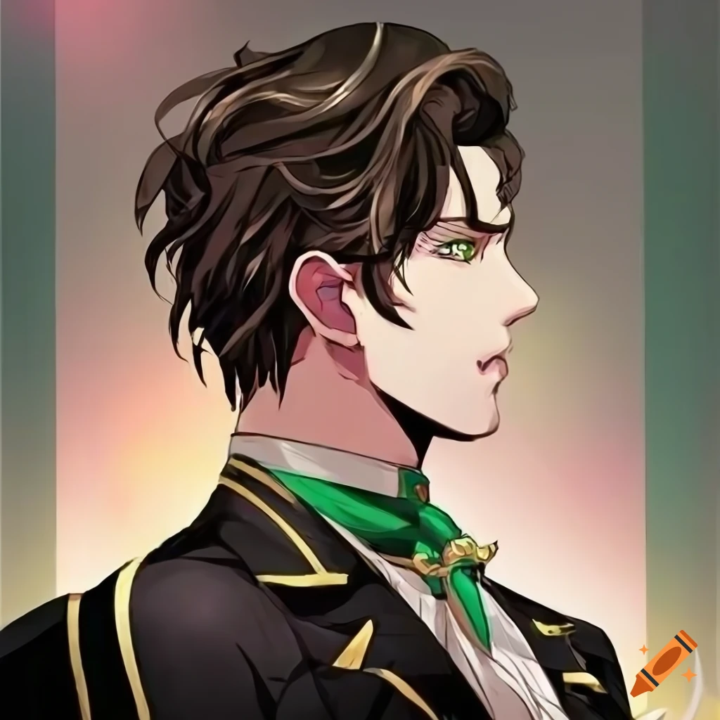 Manhwa character Claude with slicked back brown hair in black suit and green tie