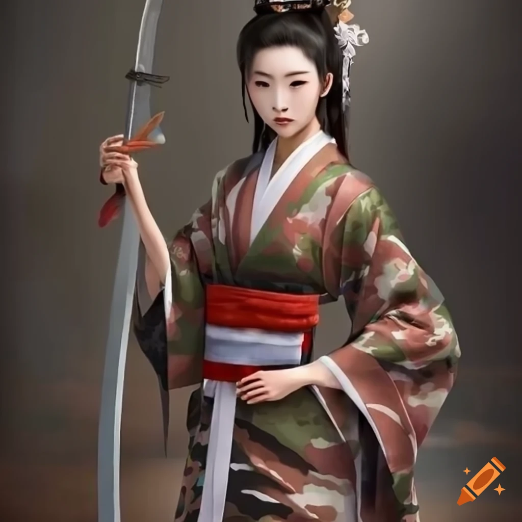 Camouflage-covered kimono girls with swords in a unique print style