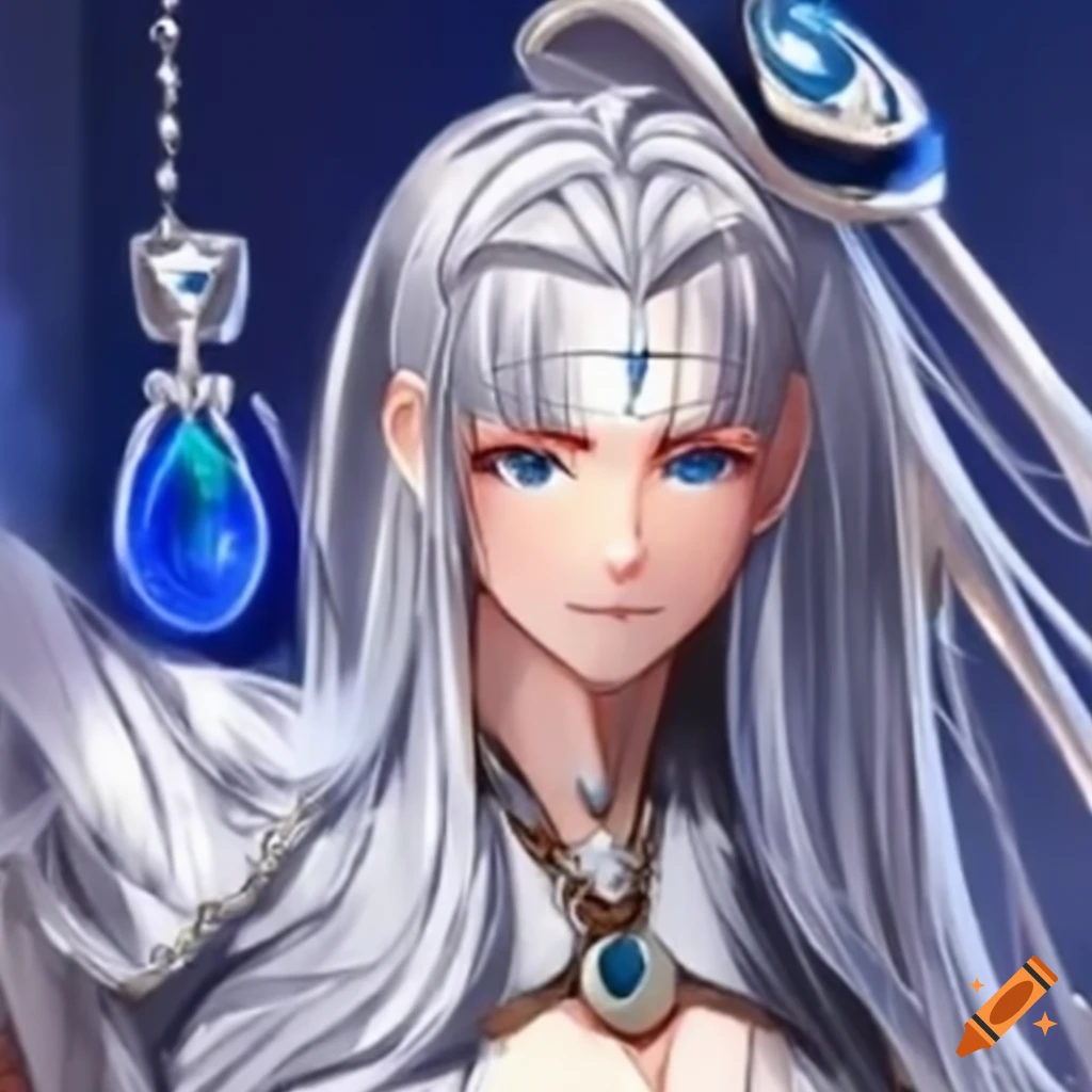 Anime high priestess with long silver hair in white robes and cyan ...