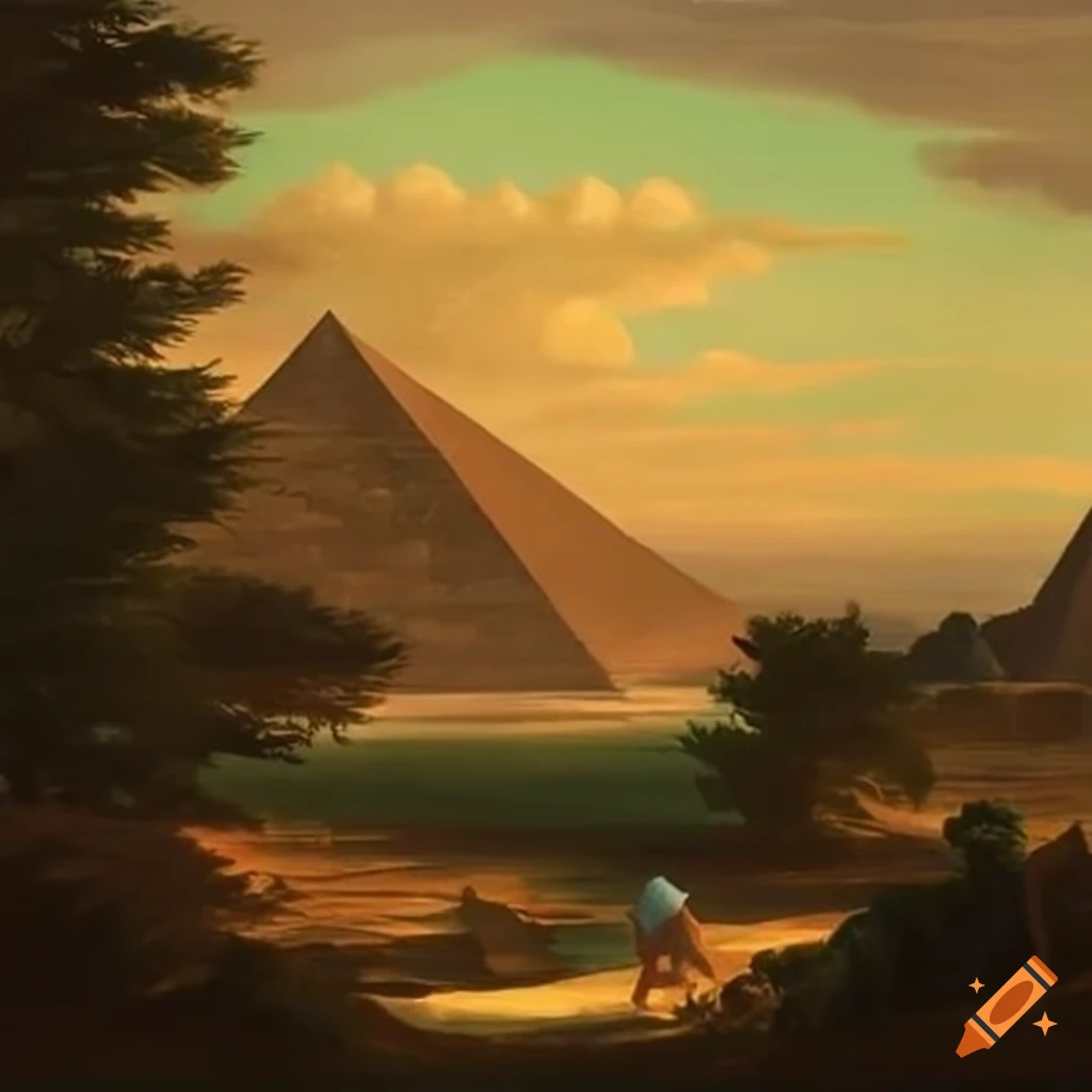 Landscape with pyramids, sea, trees, and other objects leading to the center