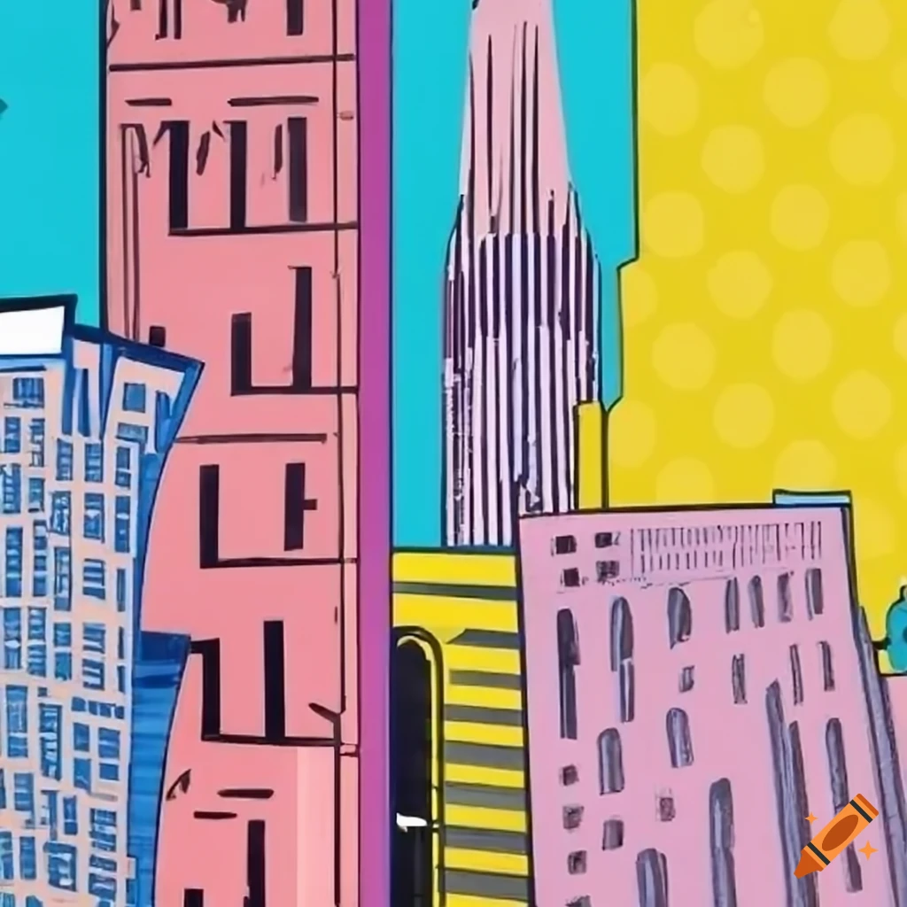 Pastel pop art inspired by Roy Lichtenstein with New York City landmarks