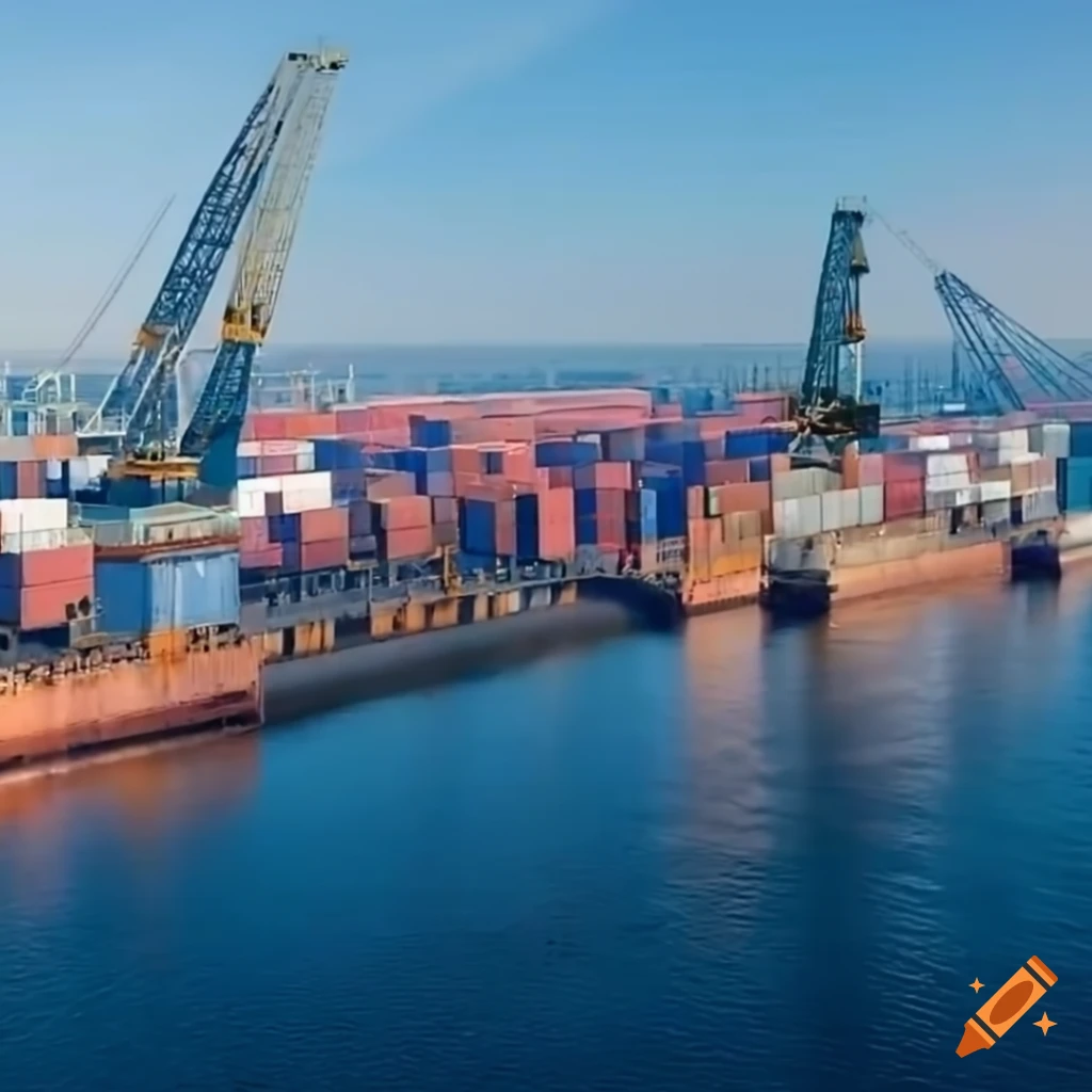 Industrial port scene with shipping containers and cargo goods