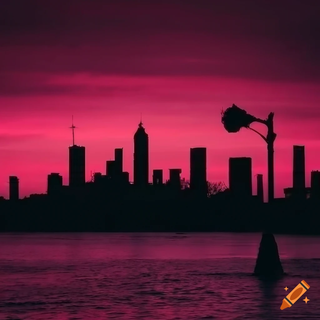 City skyline with pink sunset over ocean and a bright streetlamp on Craiyon