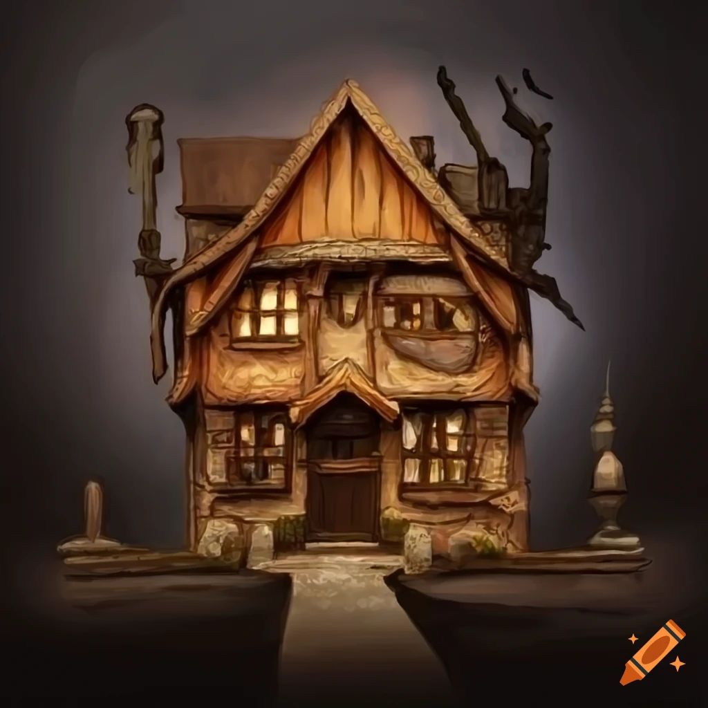Front of a fantasy inn with an alabaster bloodhound signpost on Craiyon