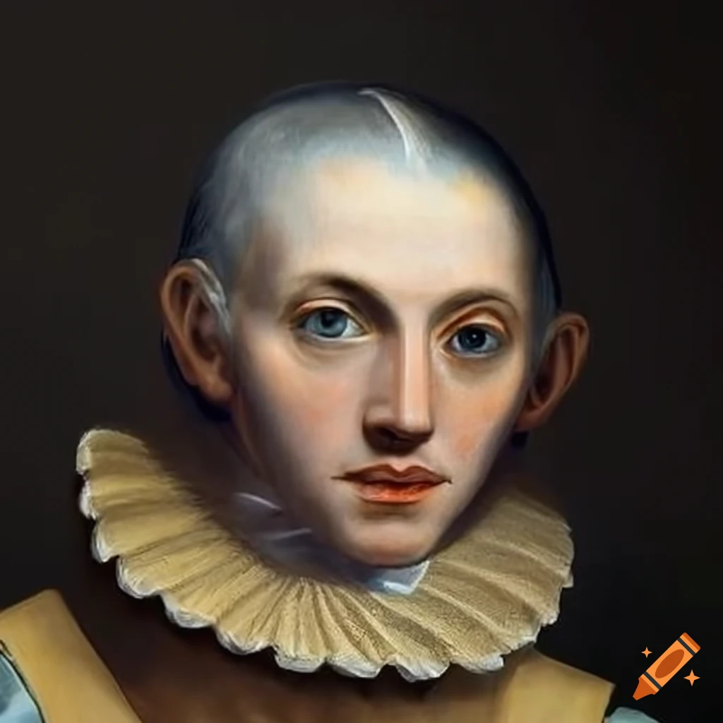 Excited aristocrat from the 1500s with slicked back white hair and blue eyes