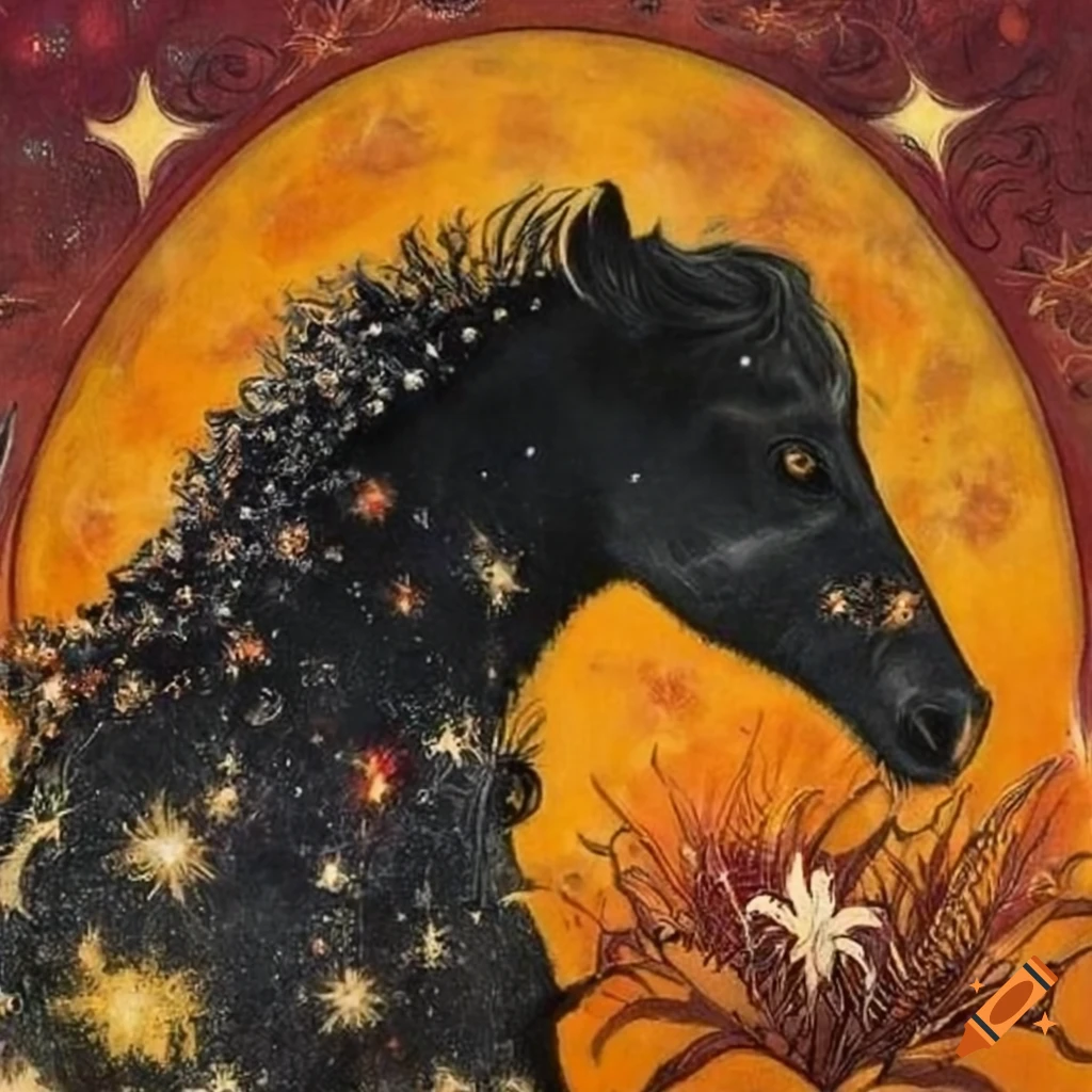 Ethereal black horse covered in stars among yellow, orange, and red flowers in Edmund Dulac style