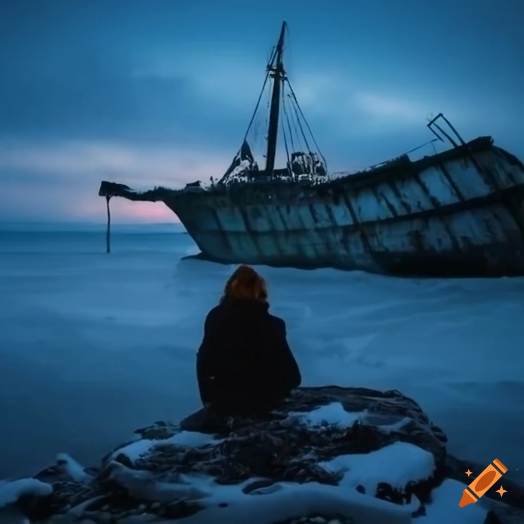 Winter shipwreck silhouette against icy ocean with girl in fur-lined coat on snowy shoreline