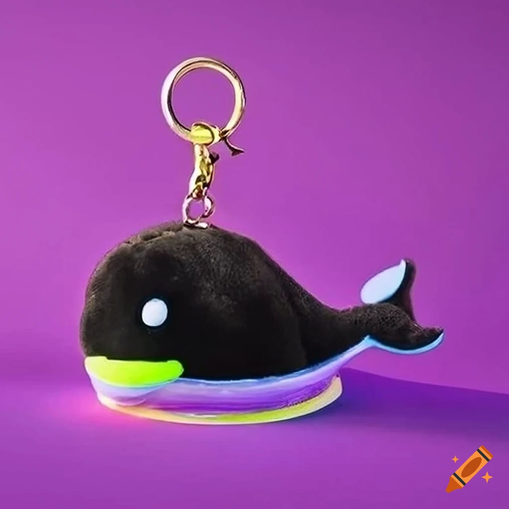 Purple merch including keychain, pen, notebook, and stuffed whale toy in a transparent box