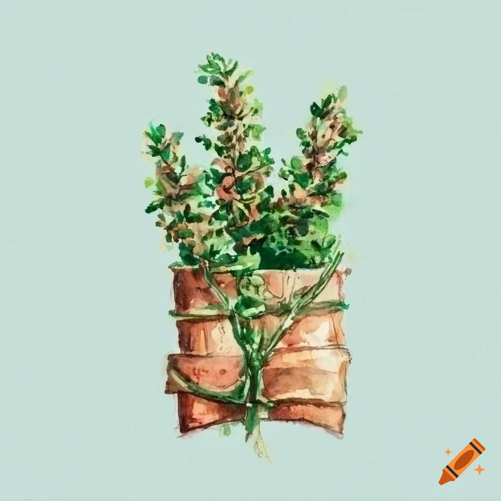 Thyme tied with twine on a white background watercolor painting