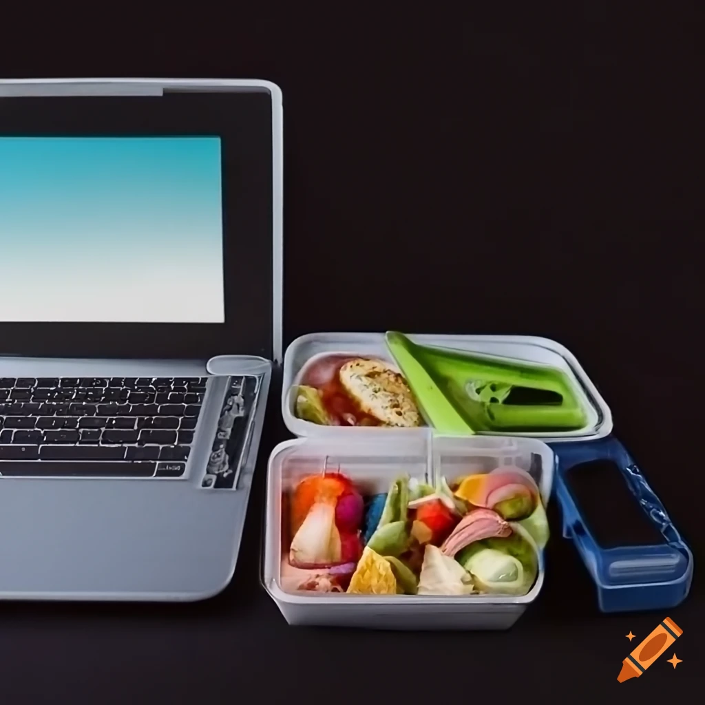 Lunchbox next to a laptop with a rocket emerging