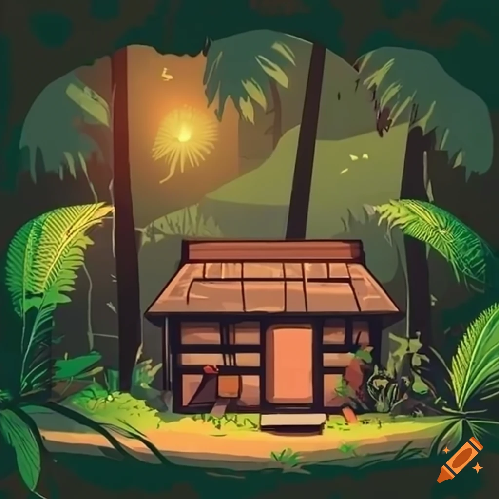 Cabin in a tropical forest in Mutazione video game style