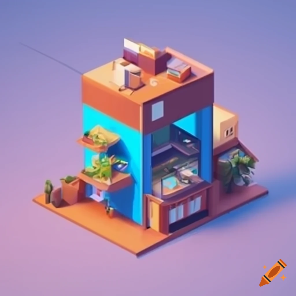 Blue isometric cozy cube restaurant in earth tones