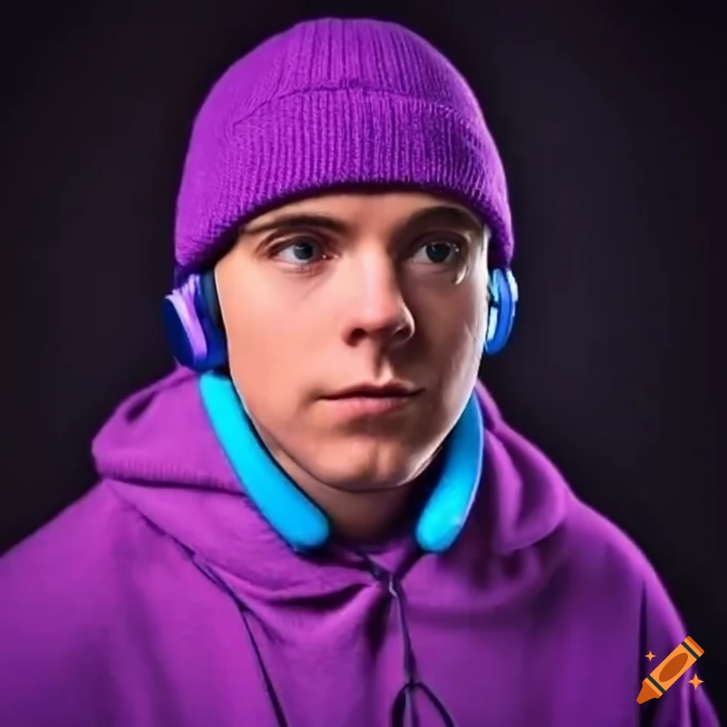 DJ wearing purple beanie and blue headphones with matching attire