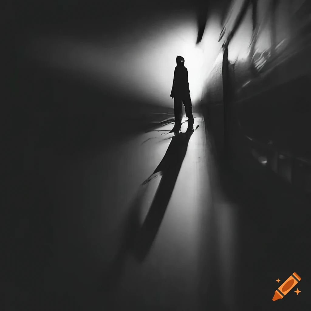 Lonely person in a black and white street scene with shadows, bird's