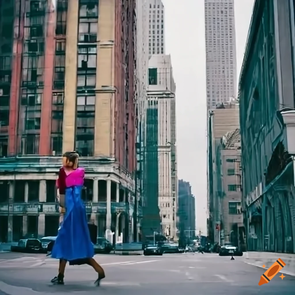 Vibrant urban street scene with tall buildings and a woman walking a dog
