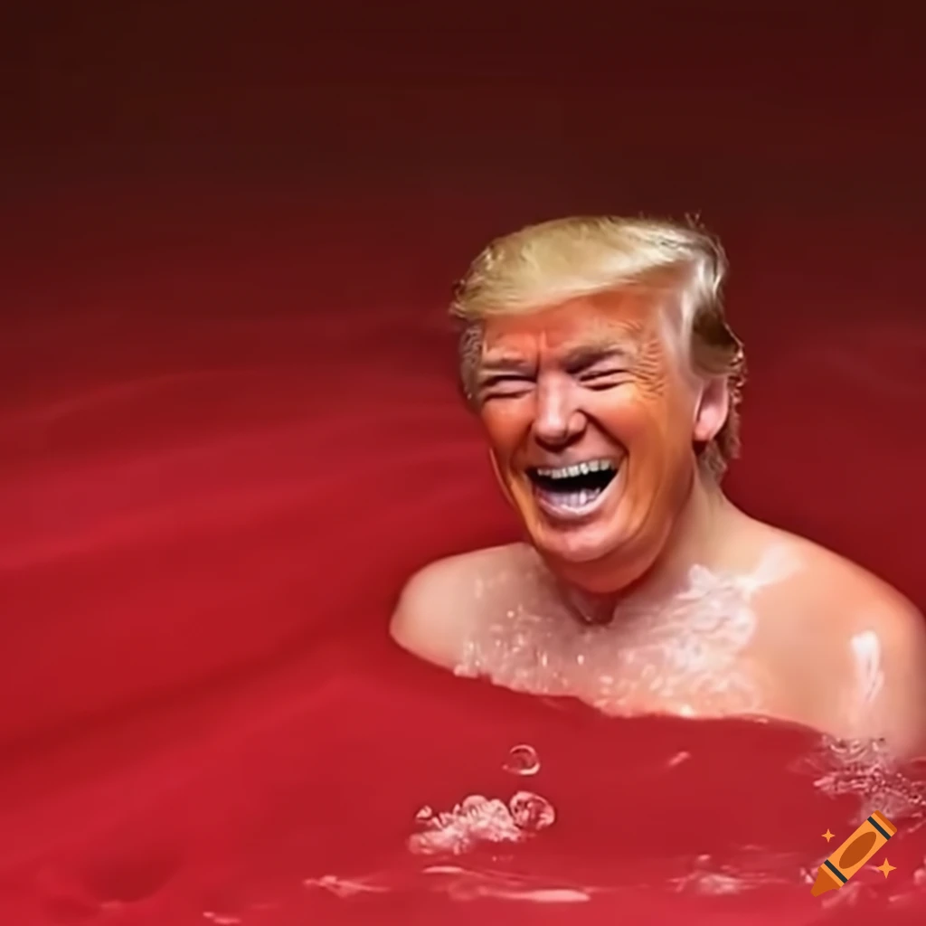 Political satire: Trump in a gold bathtub with red water giving a thumbs up
