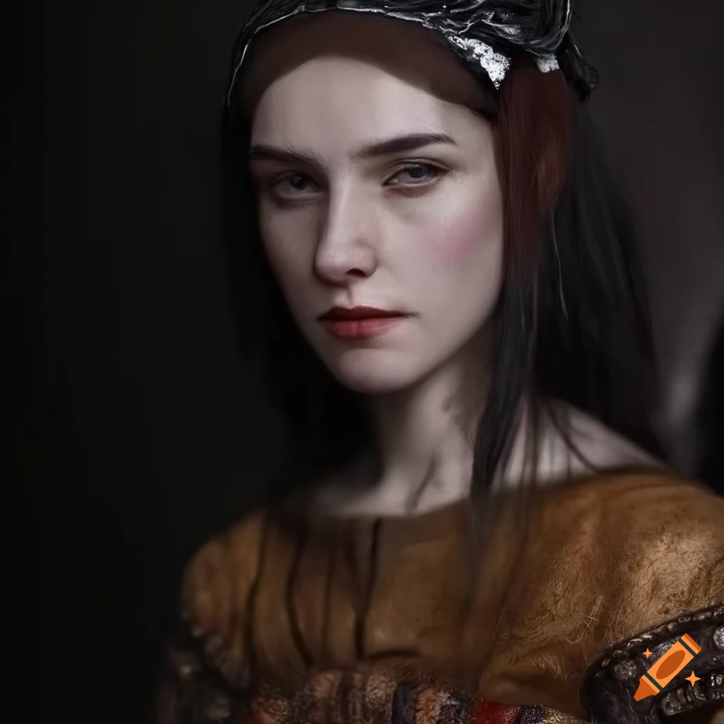 Photorealistic portrait of a medieval woman with pale skin and short ...