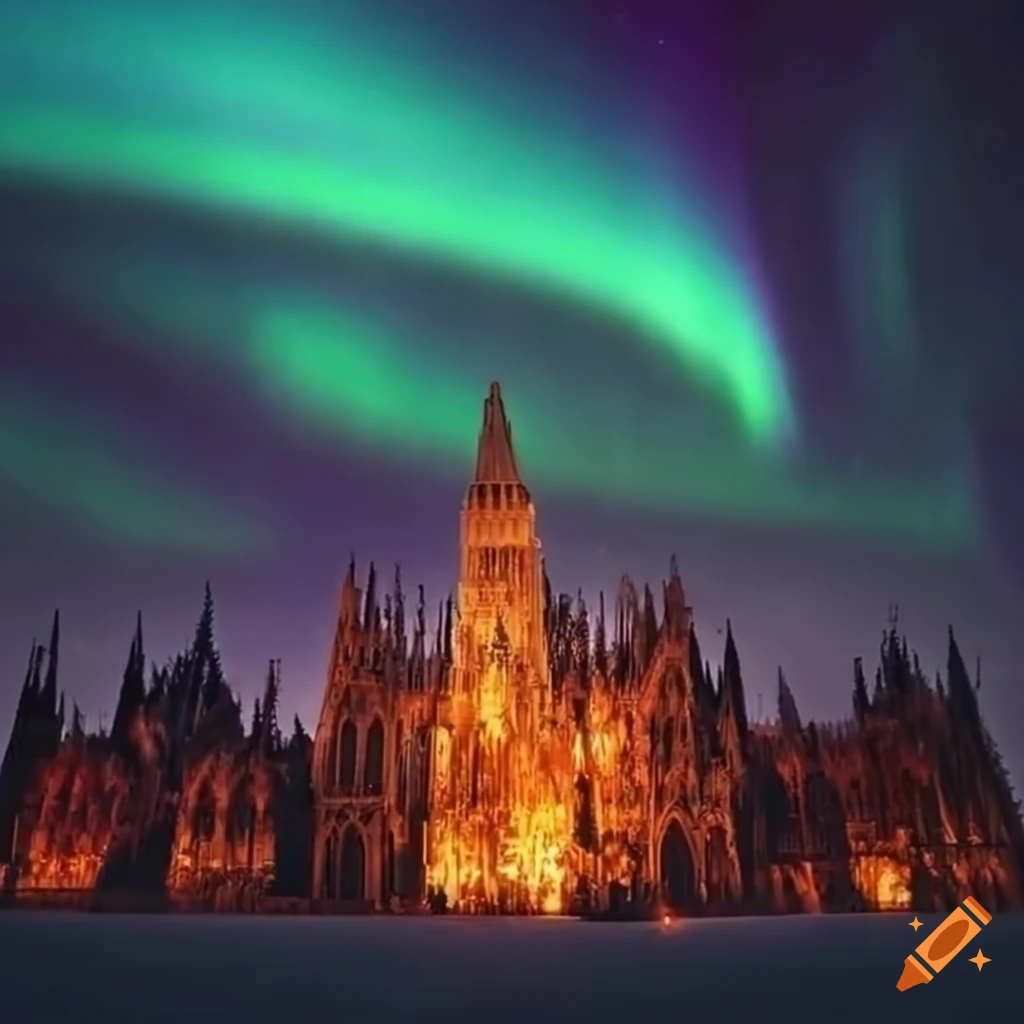 Burning gothic architecture city under northern lights