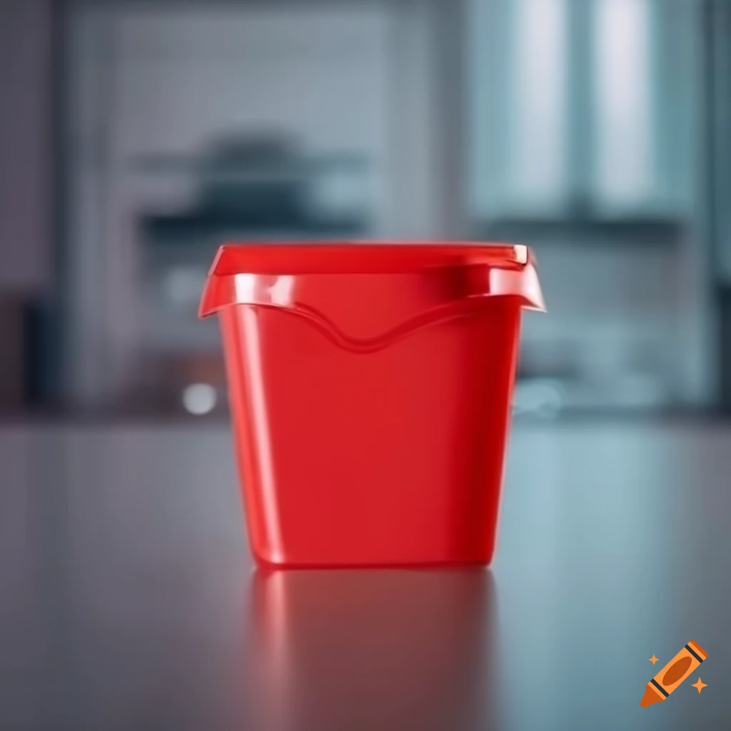 Red sanitizer bucket on a table in a commercial kitchen
