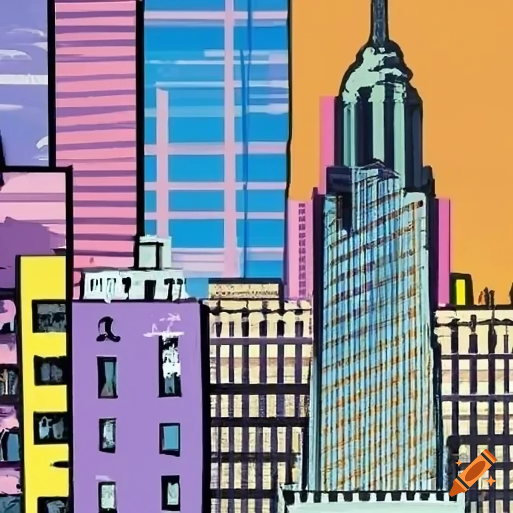 Pastel pop art inspired by Roy Lichtenstein with New York City landmarks