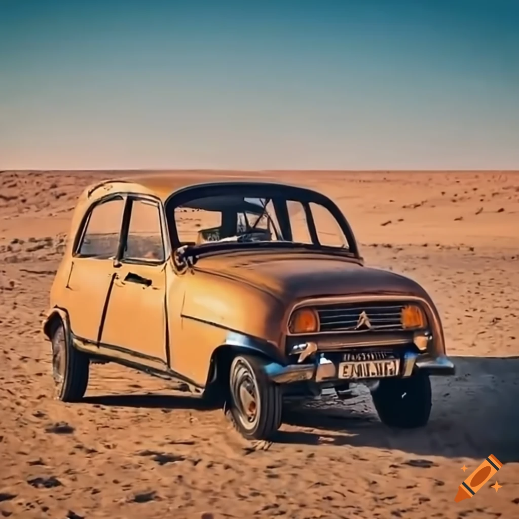 Retro Renault 4L car with racing pilots in a sun-scorched desert