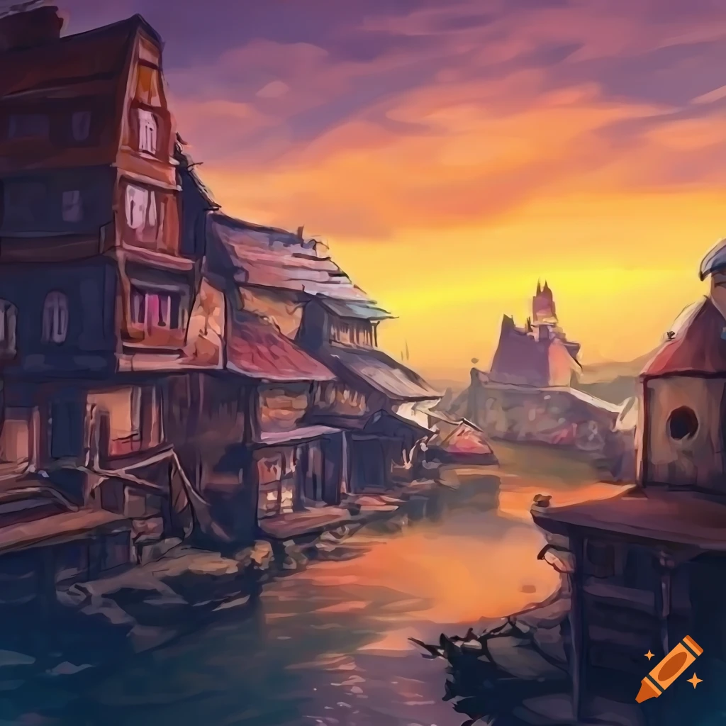 Fantasy RPG environment with ambiguous characters in a scenic town, Studio Ghibli style