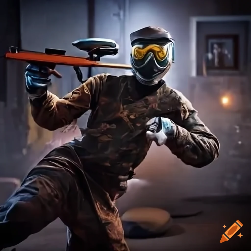 Exciting paintball battle in a modern living room