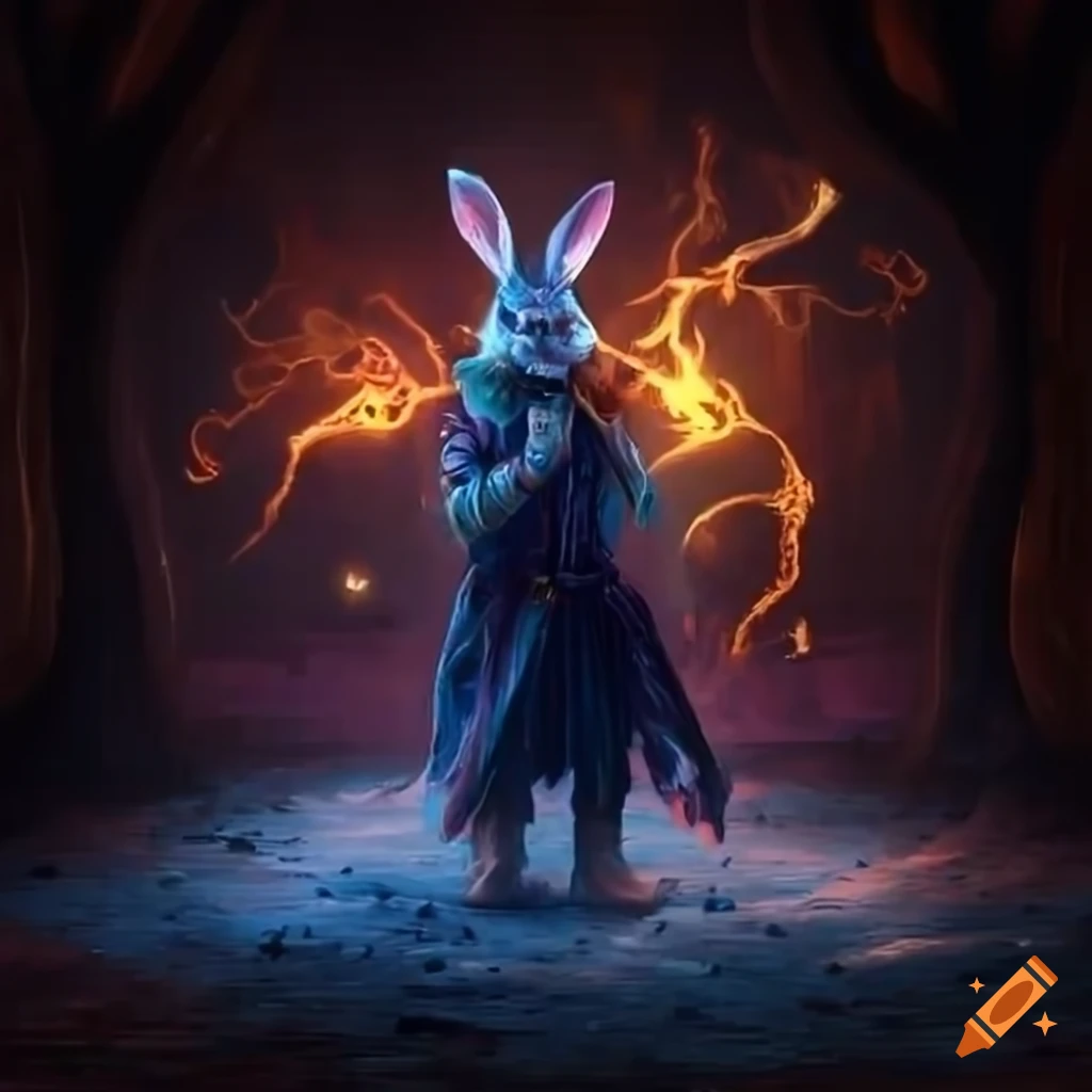 Epic battle between a wizard and a thief rabbit with intricate details ...