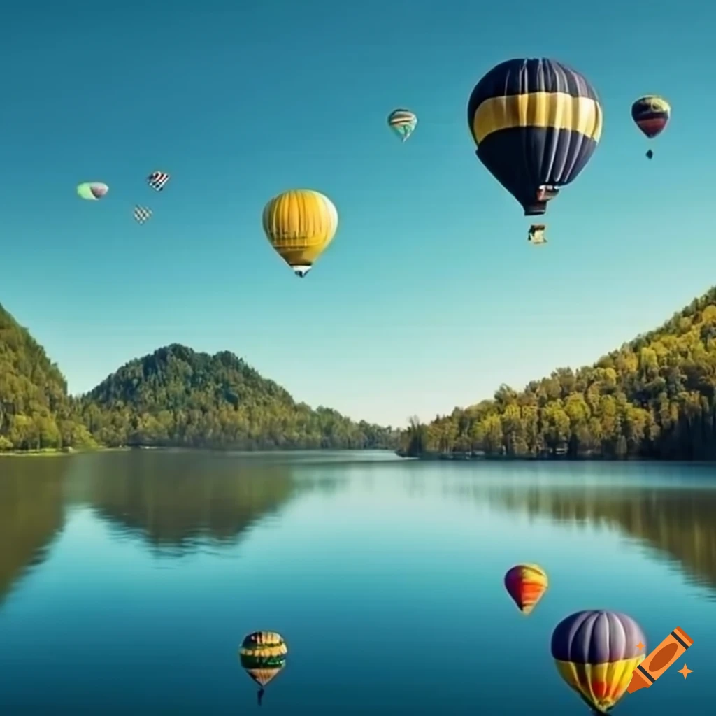Hot air balloons floating over a tranquil lake landscape