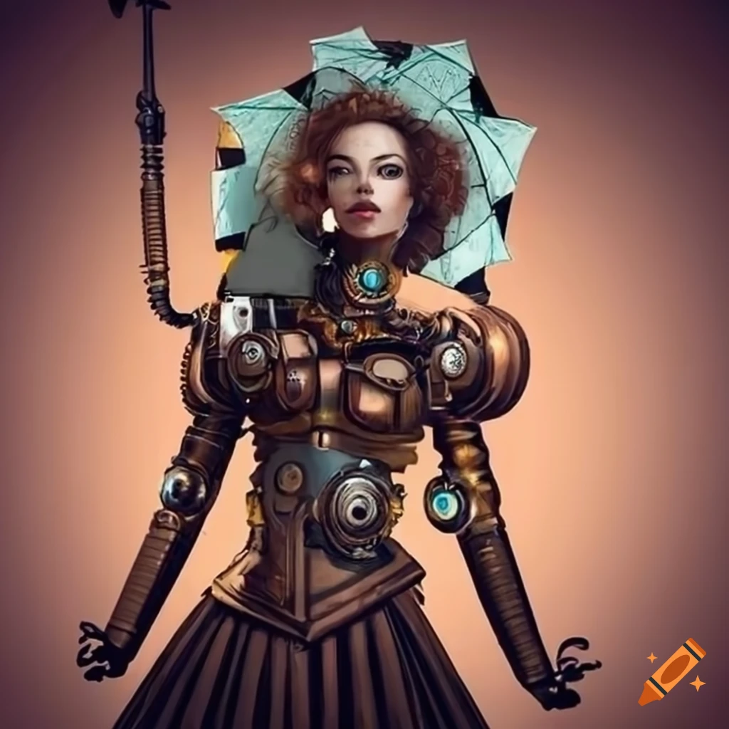 Steampunk robot woman standing with an umbrella on Craiyon