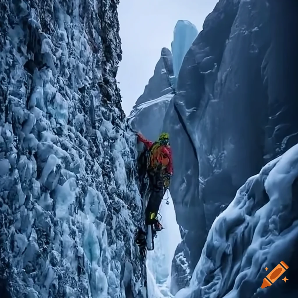 Mountaineer climbing steep rock wall on a tall mountain in warm clothes