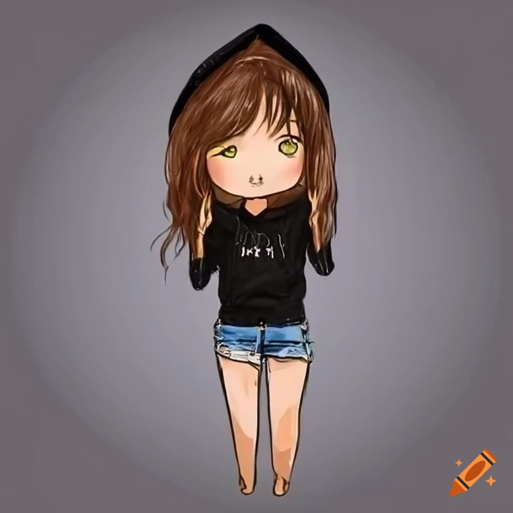 Girl with brown hair in black hoodie and denim shorts