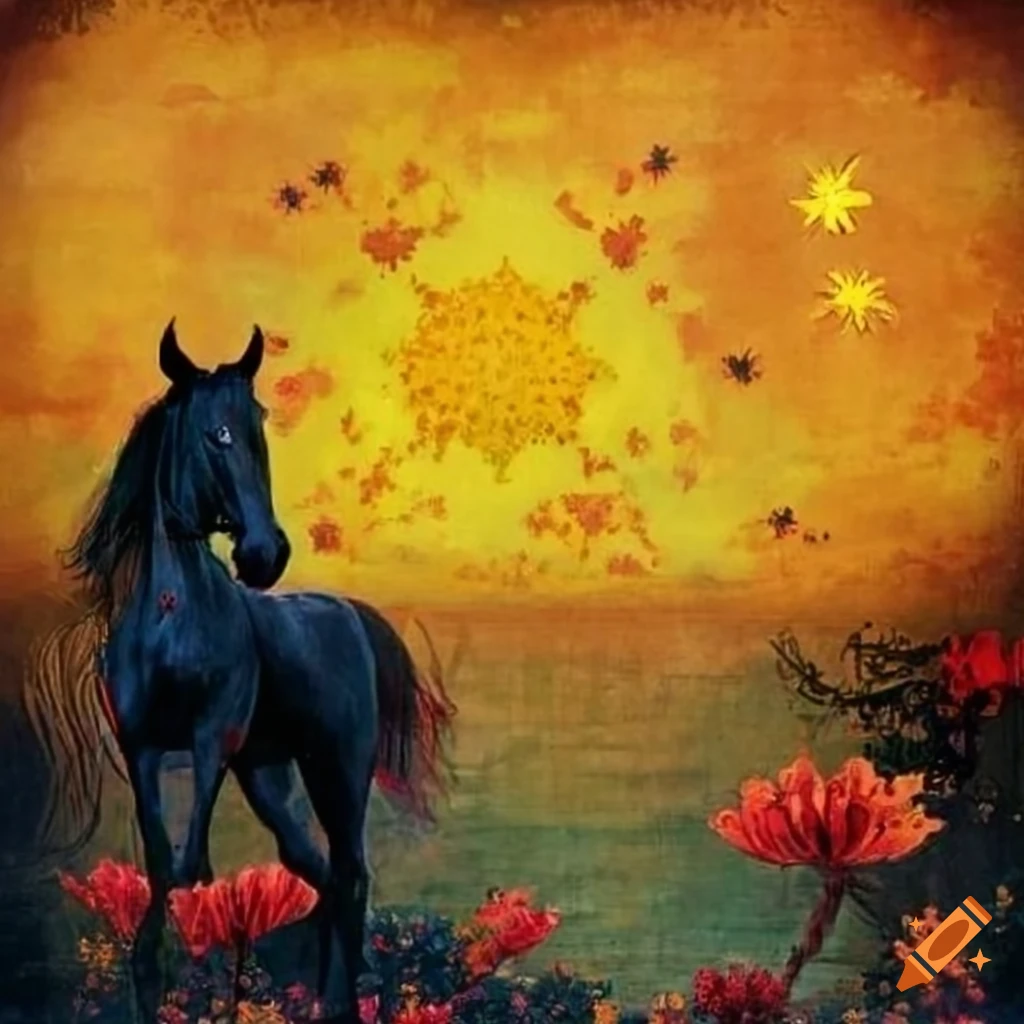 Ethereal black horse covered in stars among yellow, orange, and red flowers in Edmund Dulac style